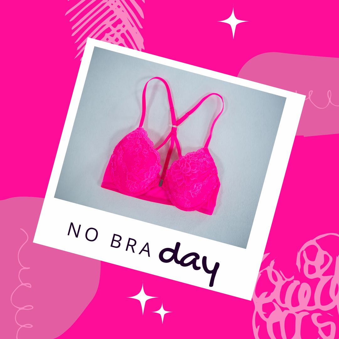 No Bra Day Celebration with Pink Lace Bra on Pink Background - Download Free Stock Templates Pikwizard.com