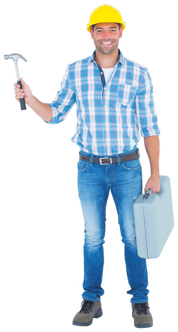 Confident Repairman Holding Hammer & Toolbox Transparent Background