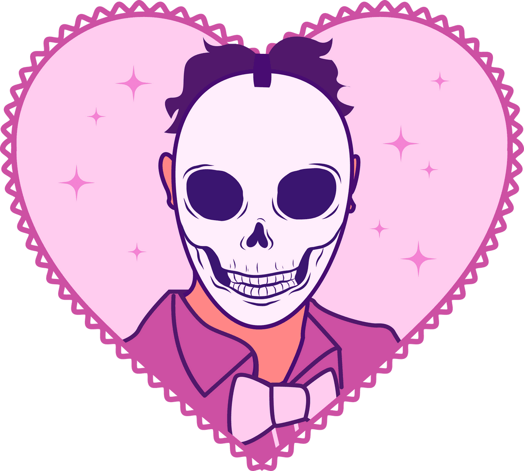 Whimsical Skeletal Portrait in Heart Frame on Transparent Background