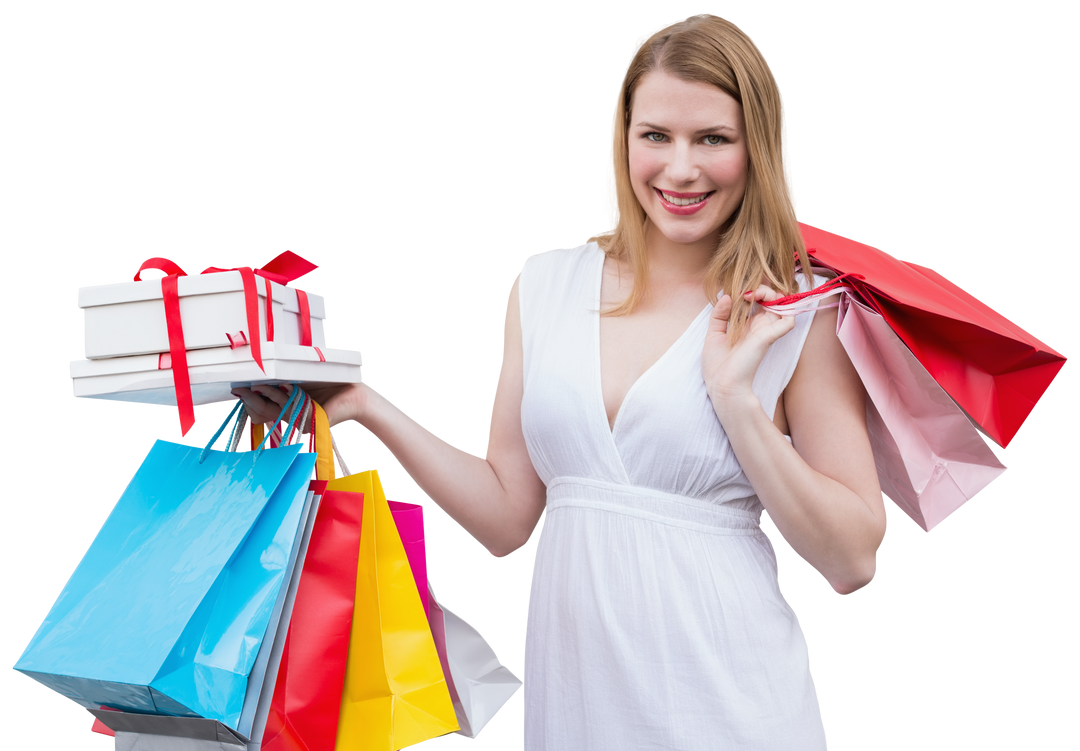 Happy Woman Holding Shopping Bags in White Dress Transparent - Download Free Stock Images Pikwizard.com