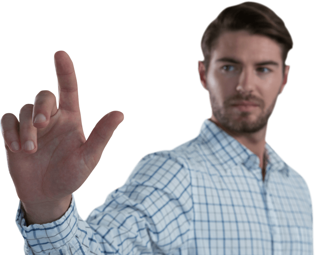 Businessperson Pretending to Use Virtual Transparent Screen