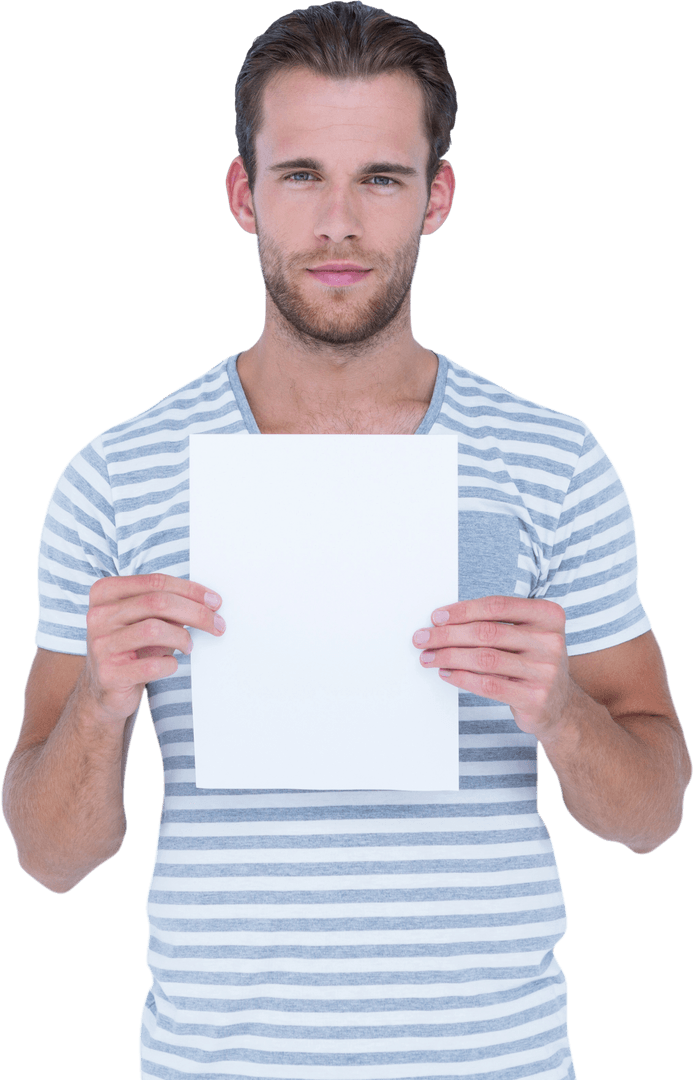 Confident Man Holding Blank Paper with Transparent Background