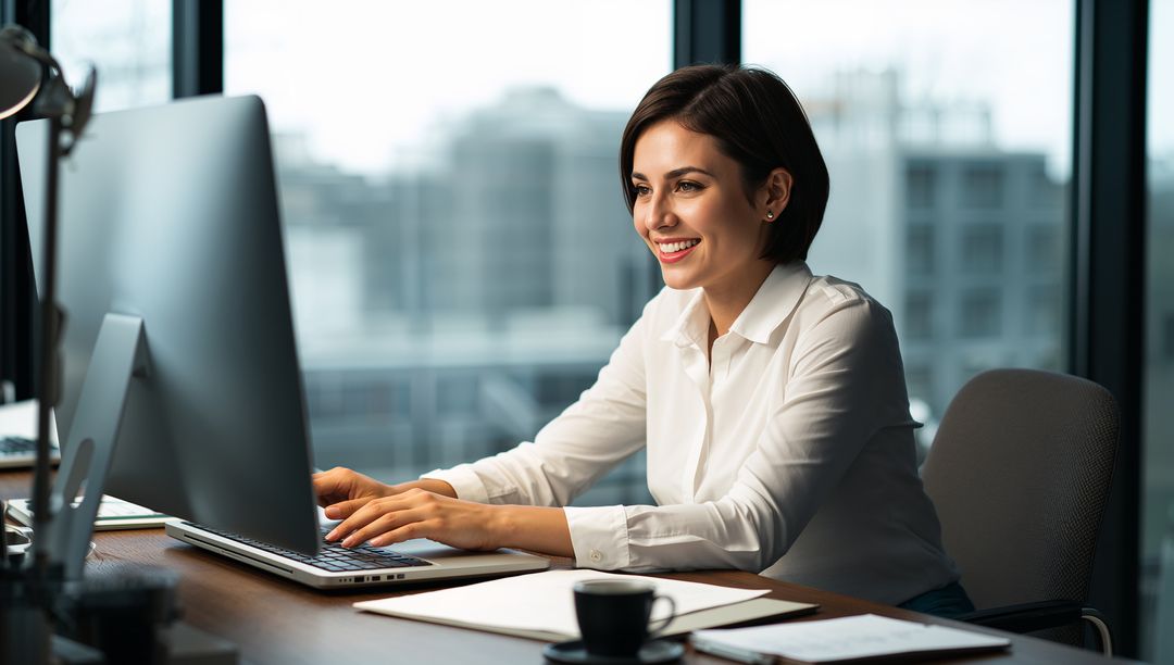 Smiling Professional Typing at Modern Office Desk with Window View