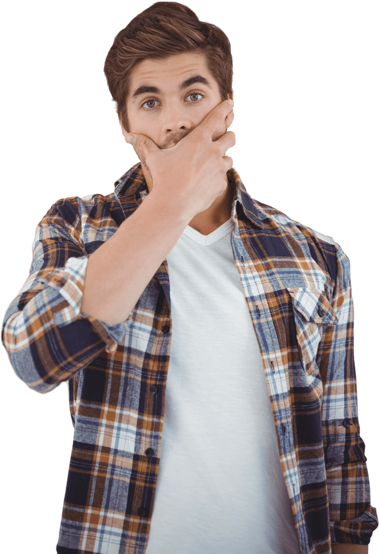 Surprised Man Covering Mouth in Transparent Isolated Pose