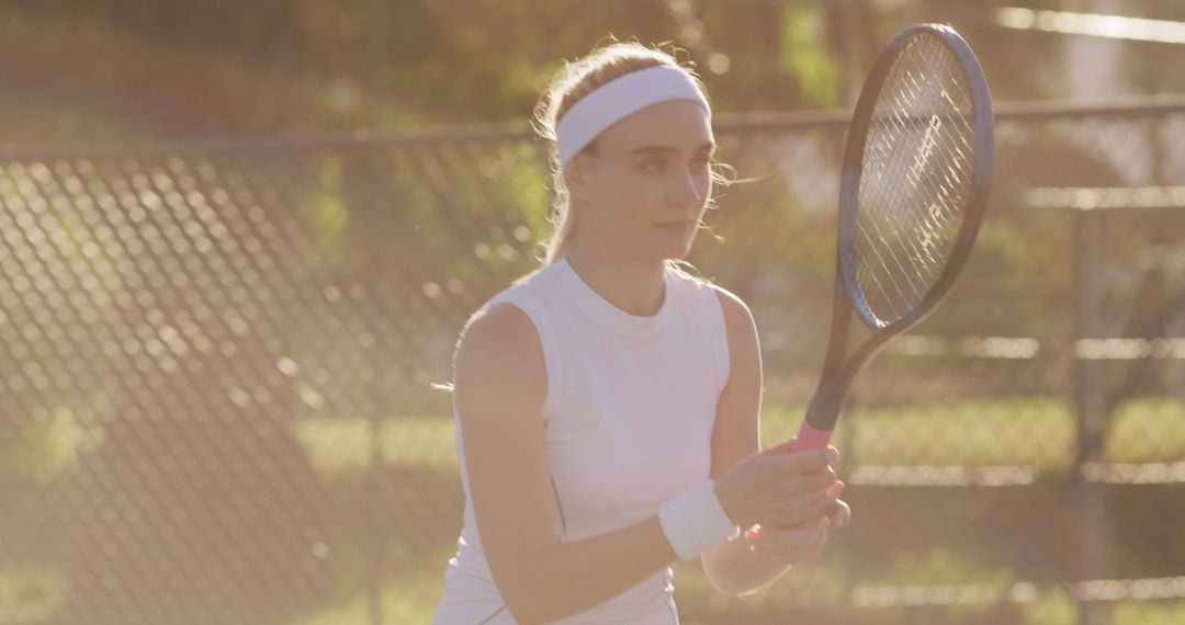 Focused Female Tennis Player Holding Racquet on Sunlit Court - Free Images, Stock Photos and Pictures on Pikwizard.com