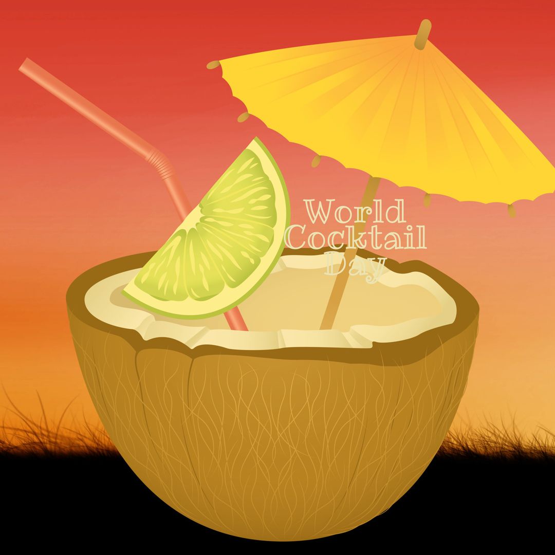 Tropical Coconut Cocktail with Sunset Background Celebrating World Cocktail Day - Download Free Stock Templates Pikwizard.com