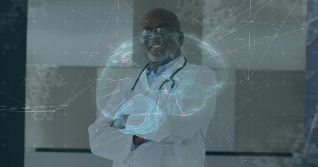 Senior Doctor in Lab Coat Displaying Holographic Brain Innovation