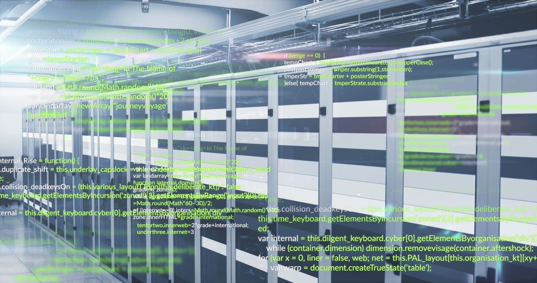 Futuristic Data Center with Flowing Code and Digital Interface
