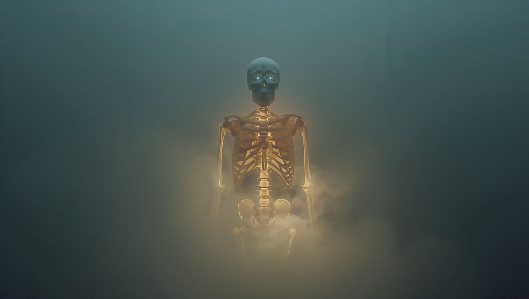 Glowing Skeleton in Mystical Fog with Surreal Neon Glow