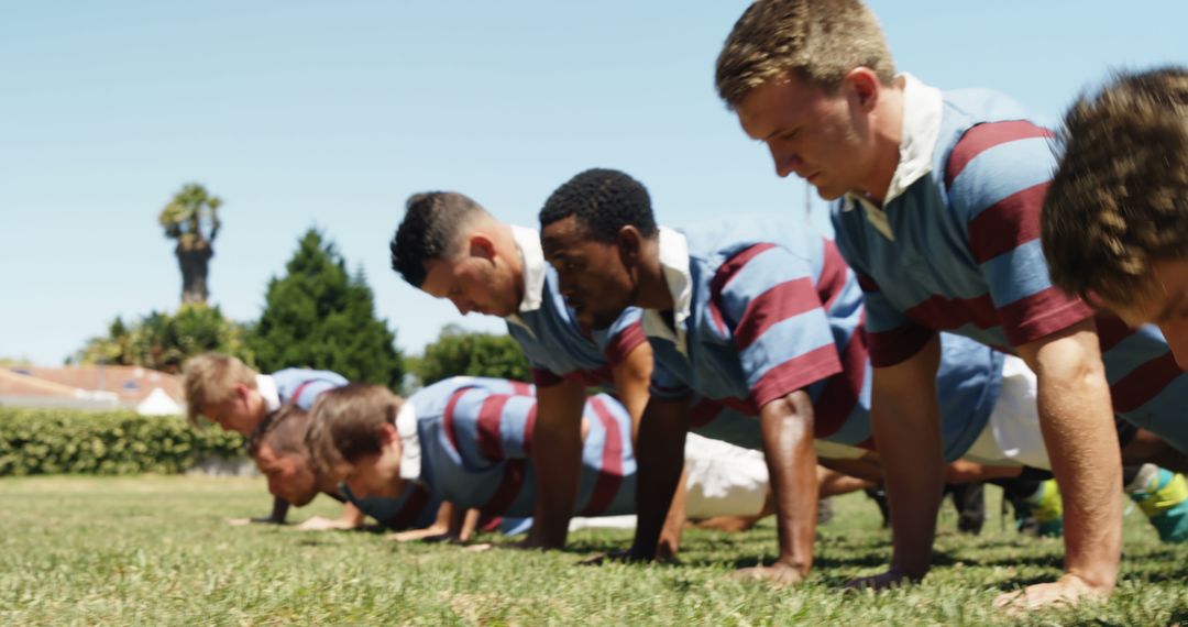 Rugby Team Doing Push-Ups Outdoors During Training - Free Images, Stock Photos and Pictures on Pikwizard.com