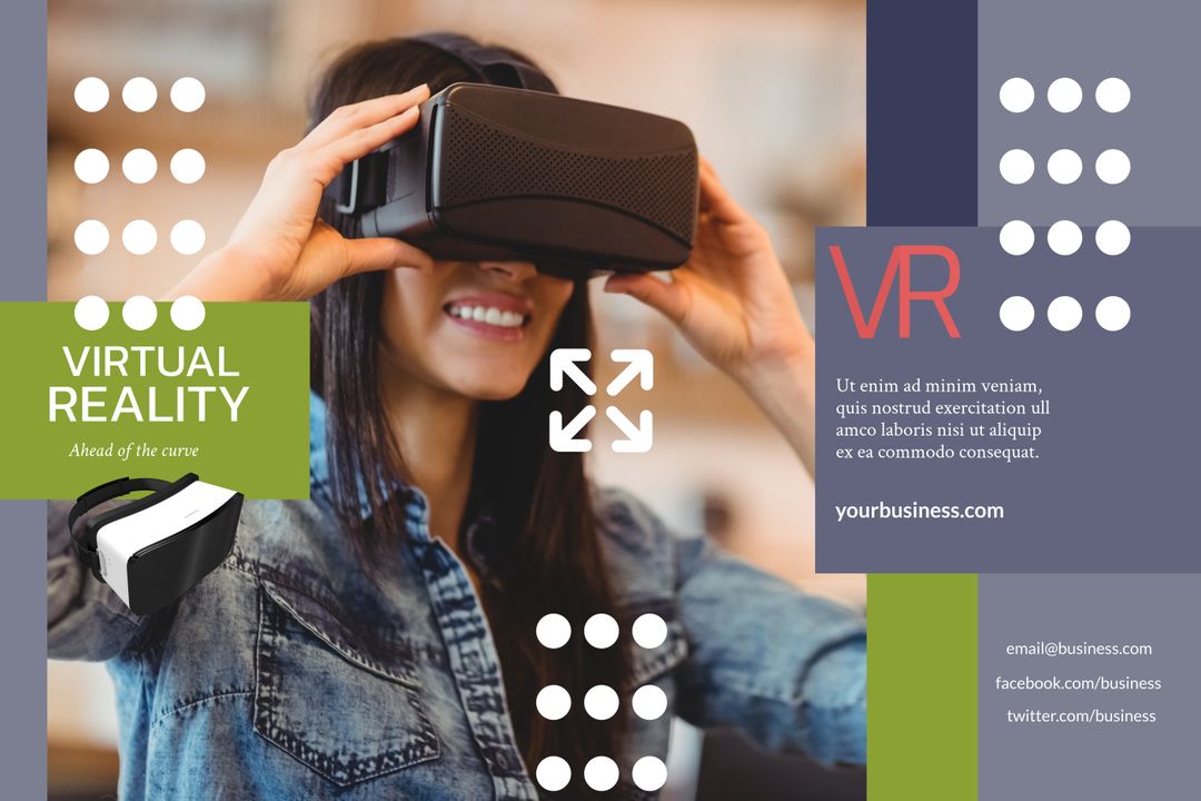 Exciting Virtual Reality Experience with Smiling Woman in Tech Environment