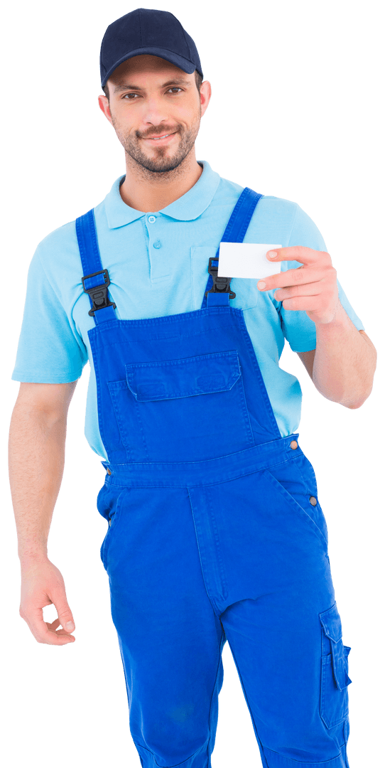 Handyman in Blue Uniform Smiling Holding Blank Business Card Transparent