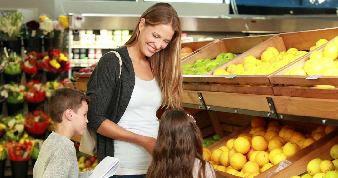 Mother Shopping with Children in Fresh Produce Section of Grocery Store - Free Images, Stock Photos and Pictures on Pikwizard.com