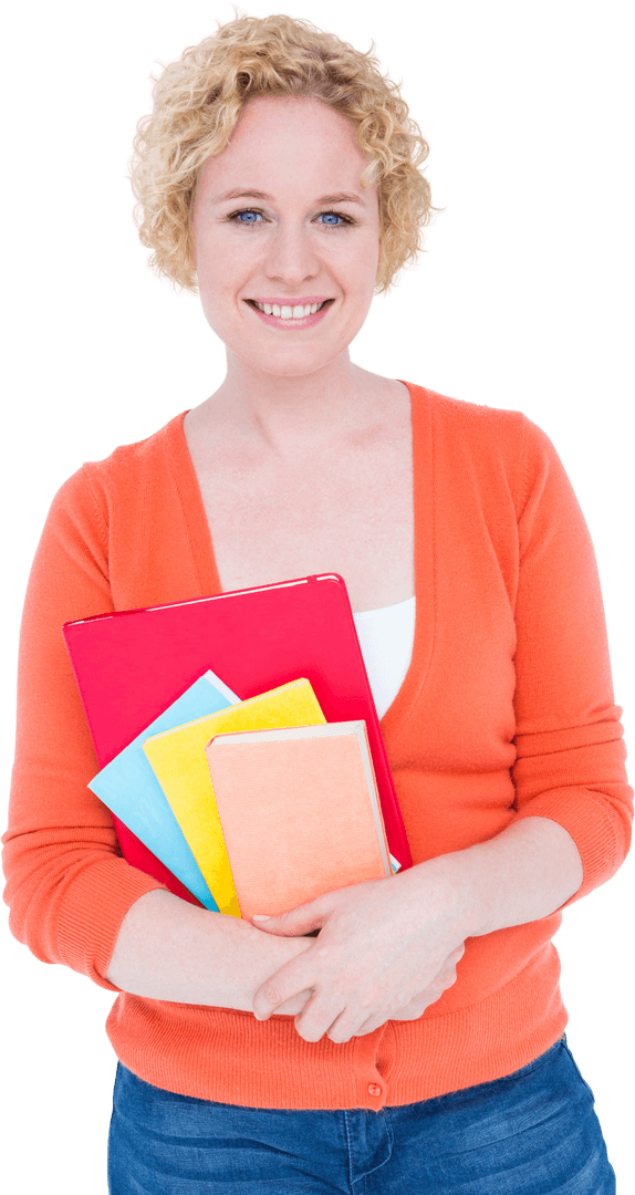 Smiling Woman with Notebooks in Orange Sweater Transparent Background - Download Free Stock Images Pikwizard.com