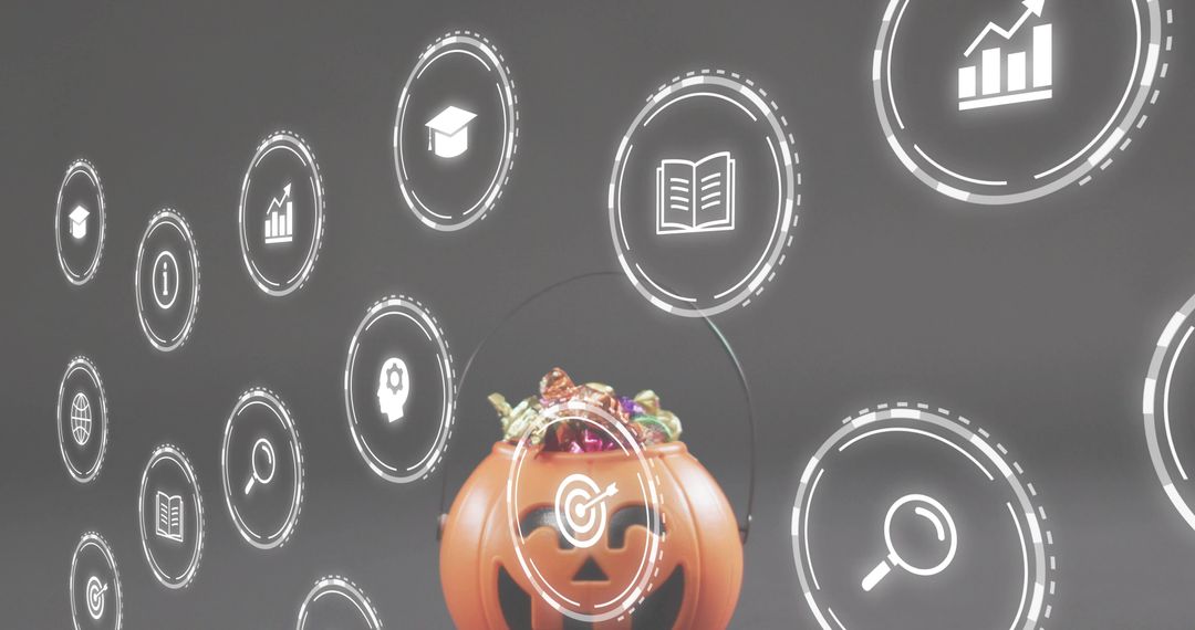 Jack-o-lantern Candy Bucket Surrounded by Glowing Hologram Icons for Halloween Tech Concept