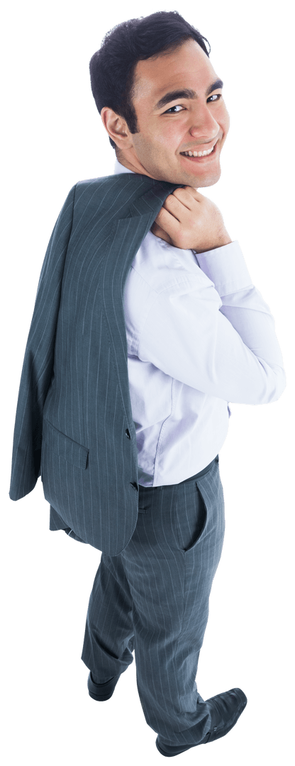 Transparent Happy Biracial Businessman Holding Jacket Looking Back