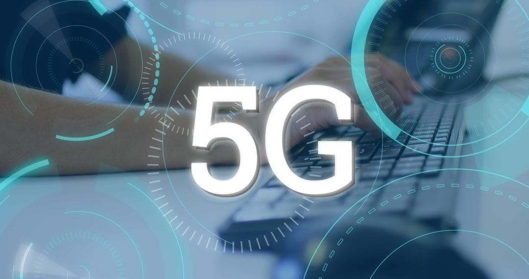 Typing Hands Highlighting 5G Technology with Futuristic Digital Concept