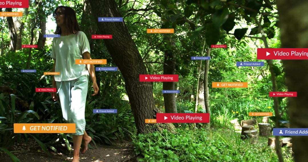 Mindful Walk in Forest with Digital Notifications Around