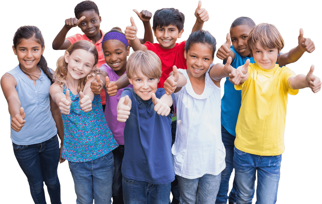 Diverse Group of Children Giving Thumbs Up with Transparent Background