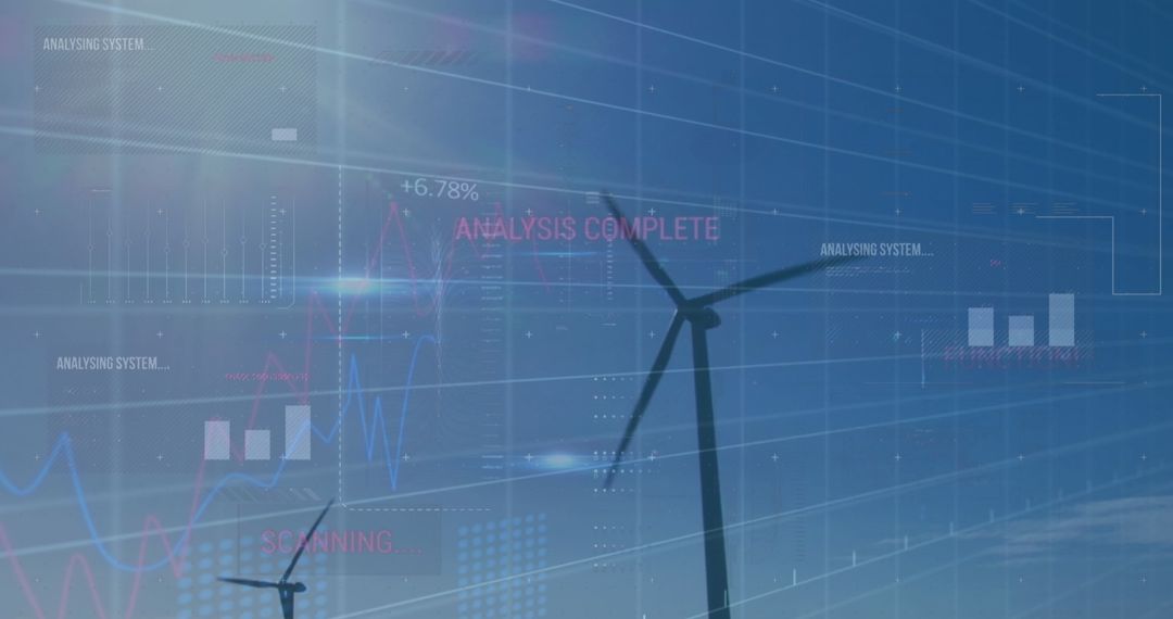 Futuristic Wind Turbines and Data Overlay Compositing Renewable Energy Insights