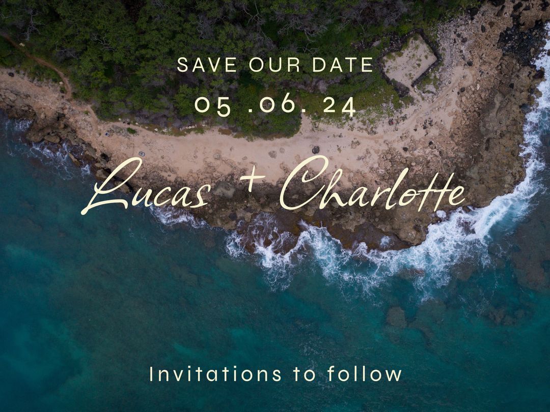 Aerial View of Serene Coastline with Save the Date for Romantic Wedding - Download Free Stock Templates Pikwizard.com