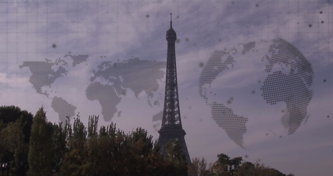 Eiffel Tower With Digital World Map Overlay Concept