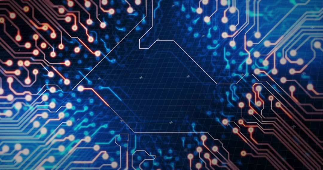 Neon Hexagon Circuit Grid with Glowing Copper Traces and Futuristic Blue Tech Aura