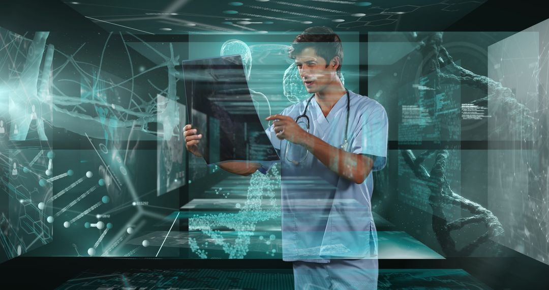 Futuristic Doctor Analyzing X-Ray with Digital Interface