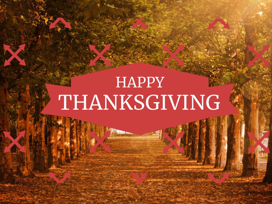 Warm Thanksgiving Banner on Tree-Lined Autumn Path