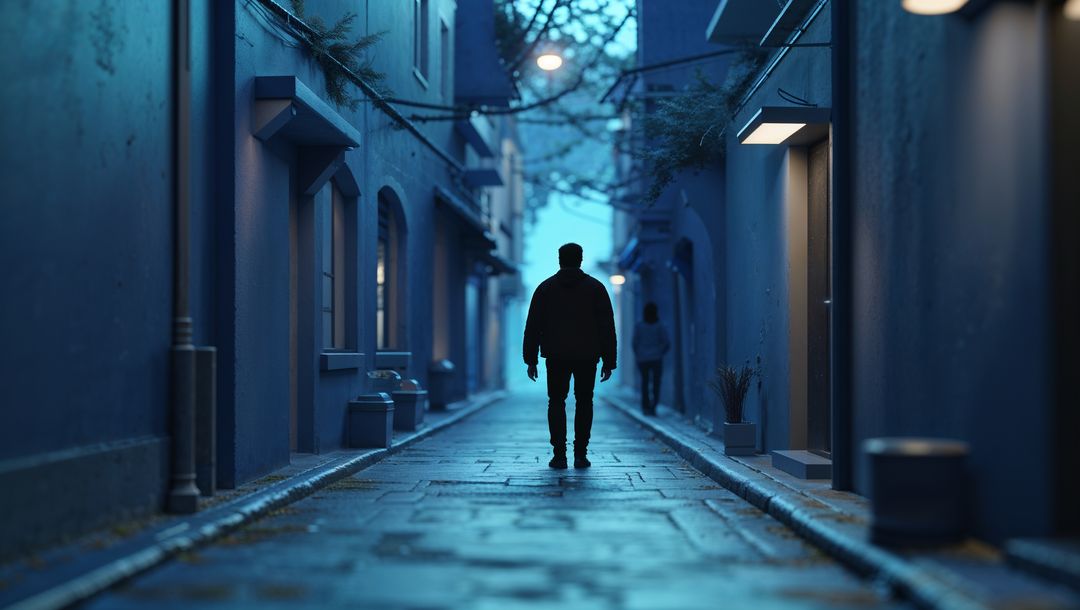 Silhouette of Man Walking in Moody Cobblestone Alley at Dusk