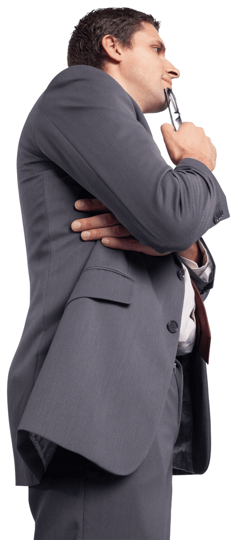 Transparent Businessman Thinking Holding Glasses Side View