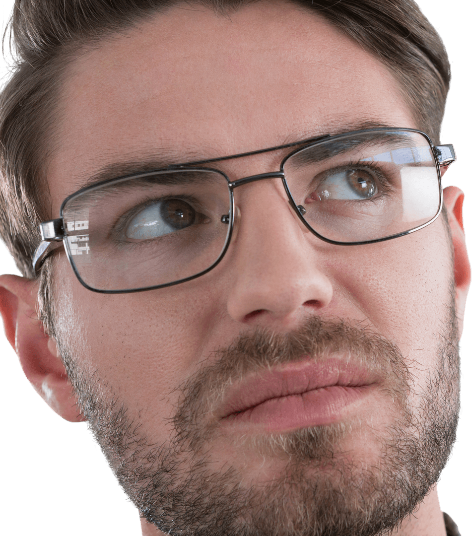 Transparent Close-up Man with Glasses Looking Away Expression