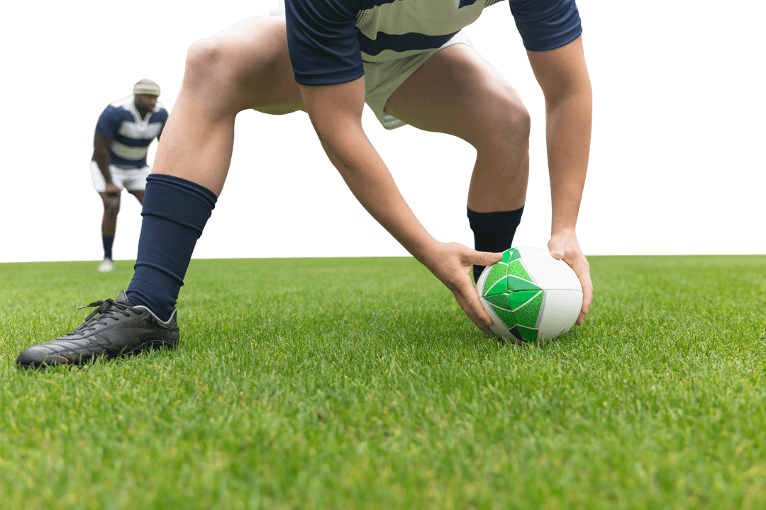 Caucasian Rugby Player Handling Ball on Transparent Background