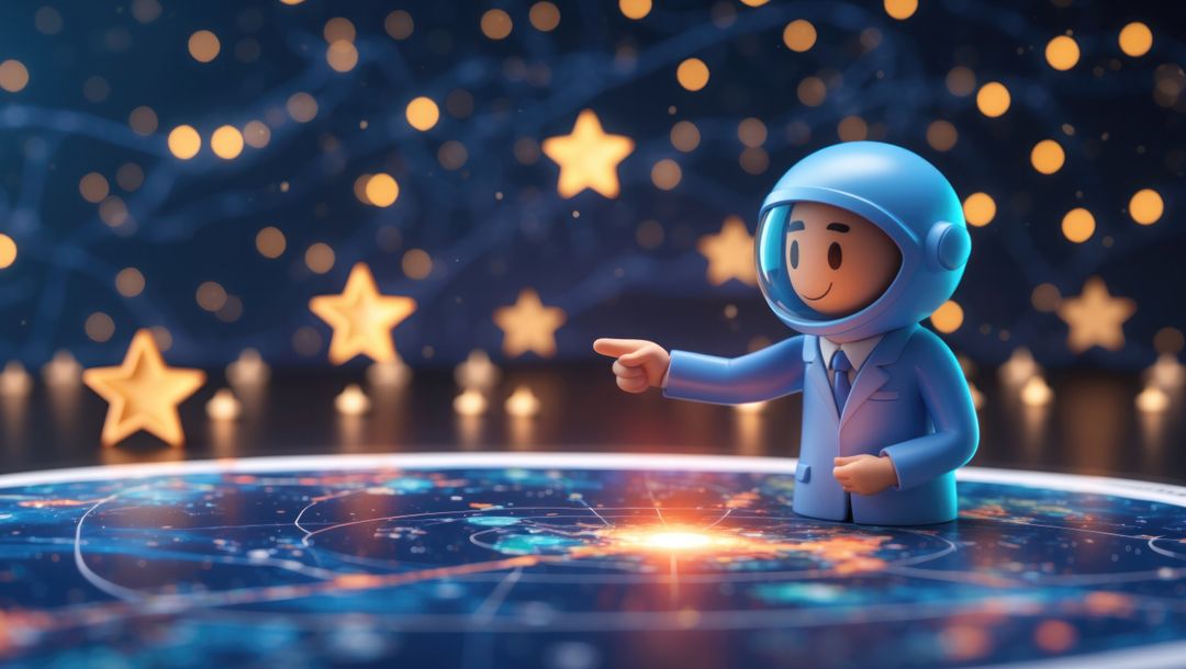 Astrophysicist in futuristic hub exploring star map