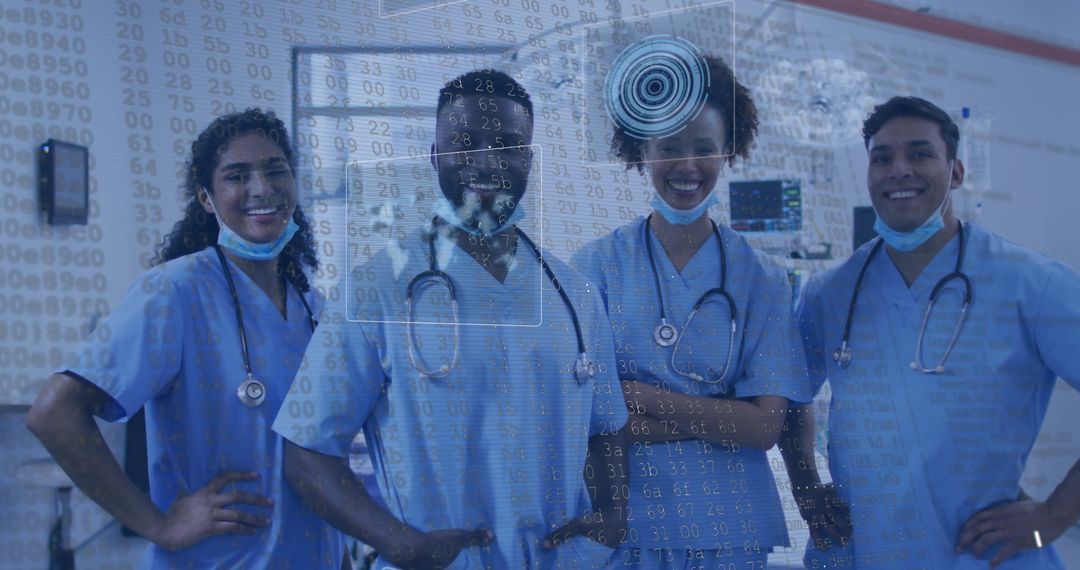 Diverse Medical Team with Digital Data Integration in Hospital Ward