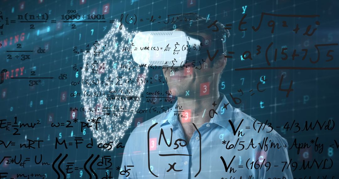 Man in VR Headset Exploring Digital Cybersecurity Visualization