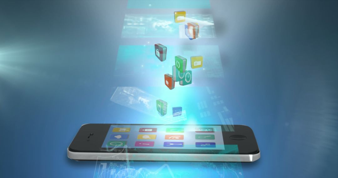 Smartphone Displaying Floating Digital Icons and Interfaces