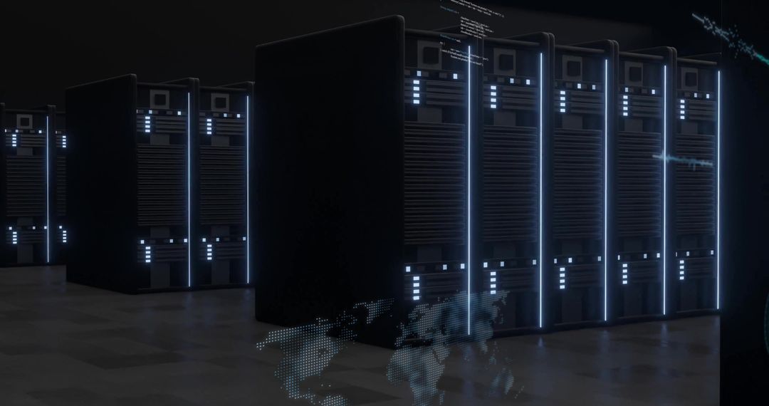 Glowing Data Center Server Racks with Vertical LEDs and Holographic World Map Projection