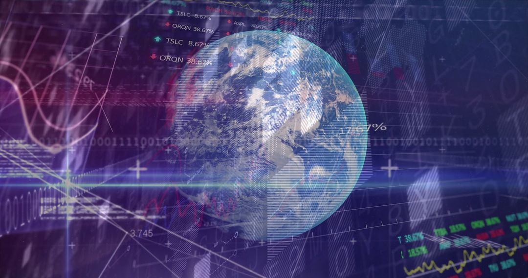 3D Earth in Futuristic Digital Interface with Stock Tickers