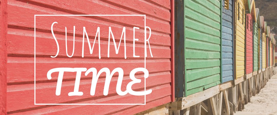 Colorful Beach Huts with Summer Time Inscription Evoking Vacation Vibes