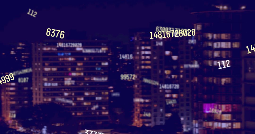 Floating Digital Numbers Over Cityscape Night View