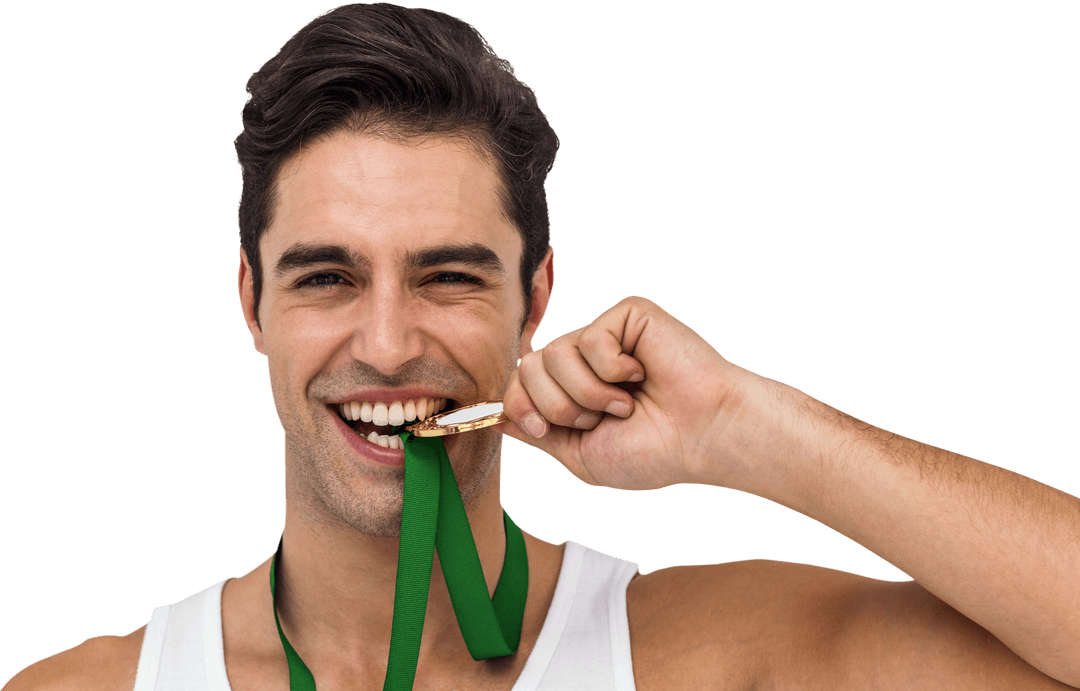Smiling Athlete Biting Gold Medal Isolated on Transparent Background