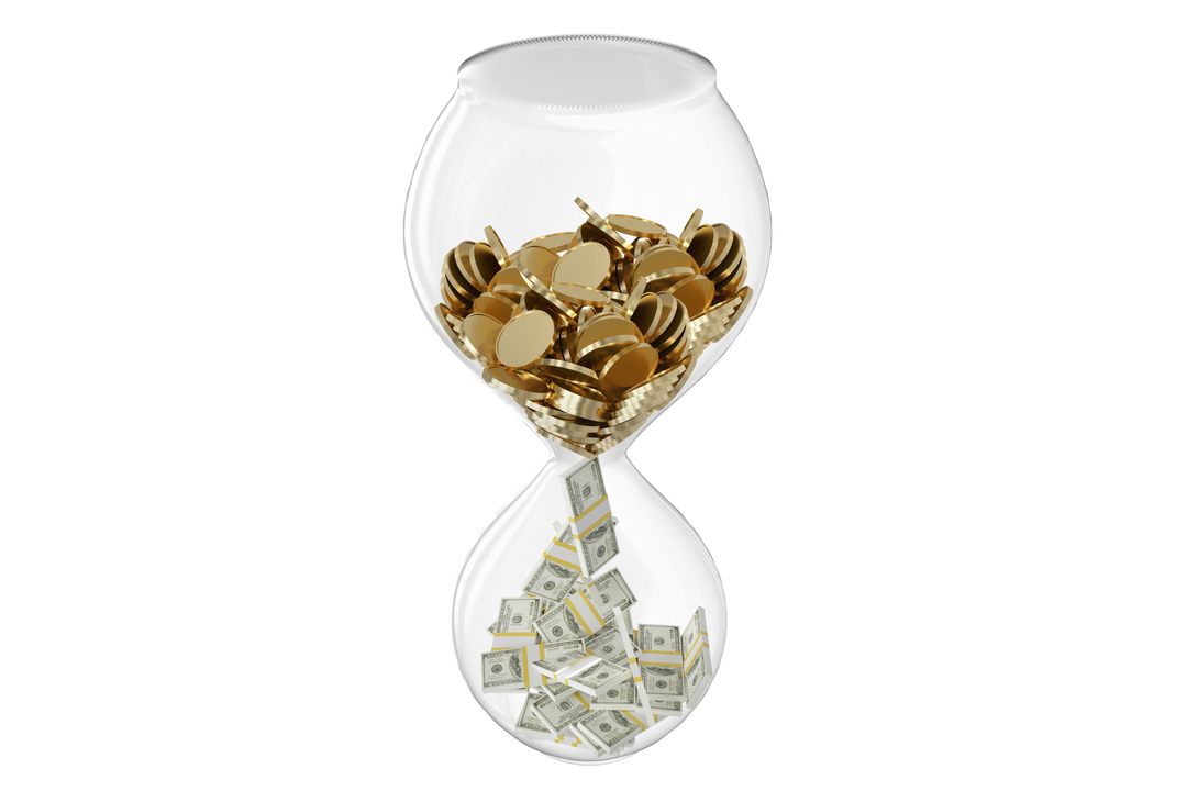 Transparent Hourglass with Gold Coins and Cash Symbolizing Time and Wealth - Download Free Stock Images Pikwizard.com