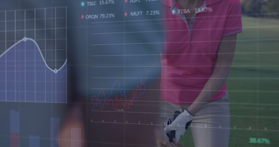 Business Trading Overlay with Golfer Lady Blending Work and Leisure