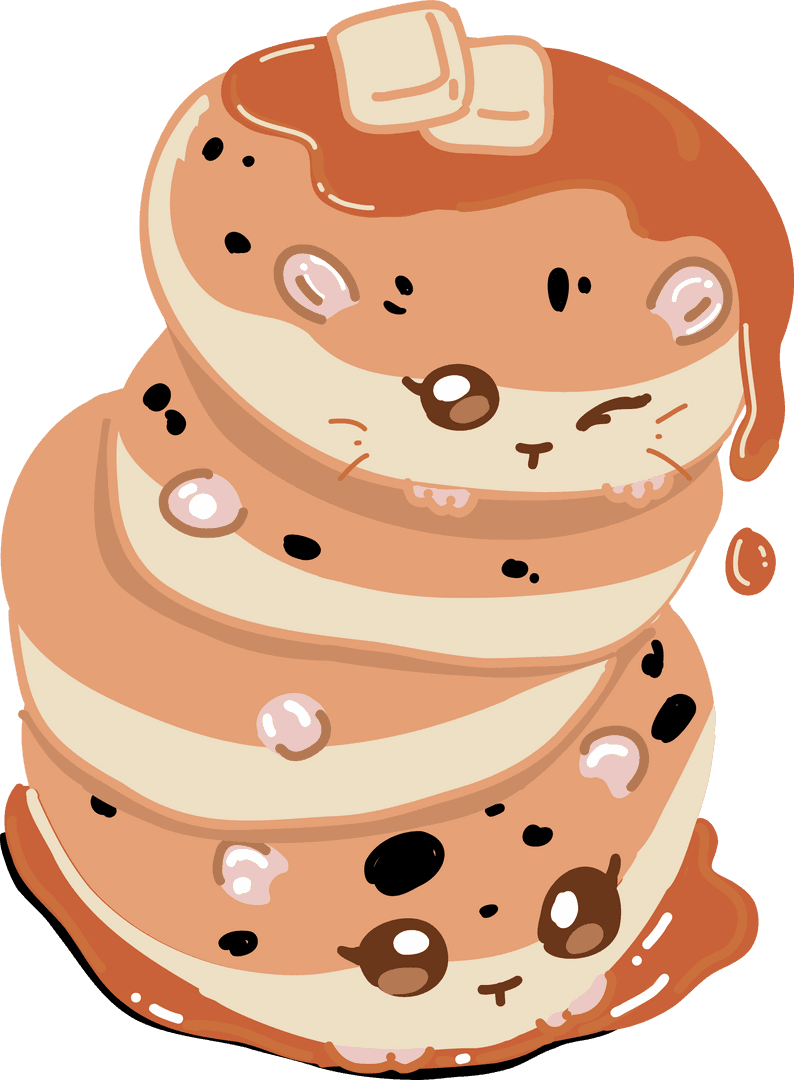 Kawaii Pancake Stack with Cute Faces on Transparent Background