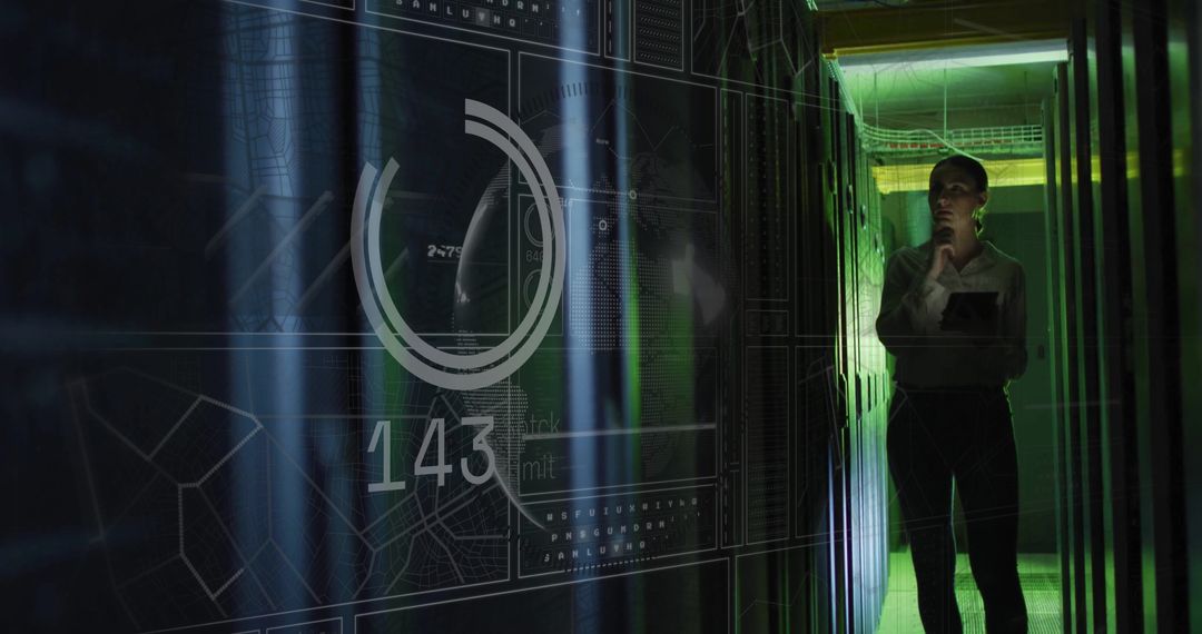Female IT Technician Analyzing Digital Data on Tablet Near Server Rack