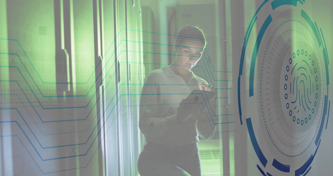 Female Engineer in Server Room with Digital Biometric Interface