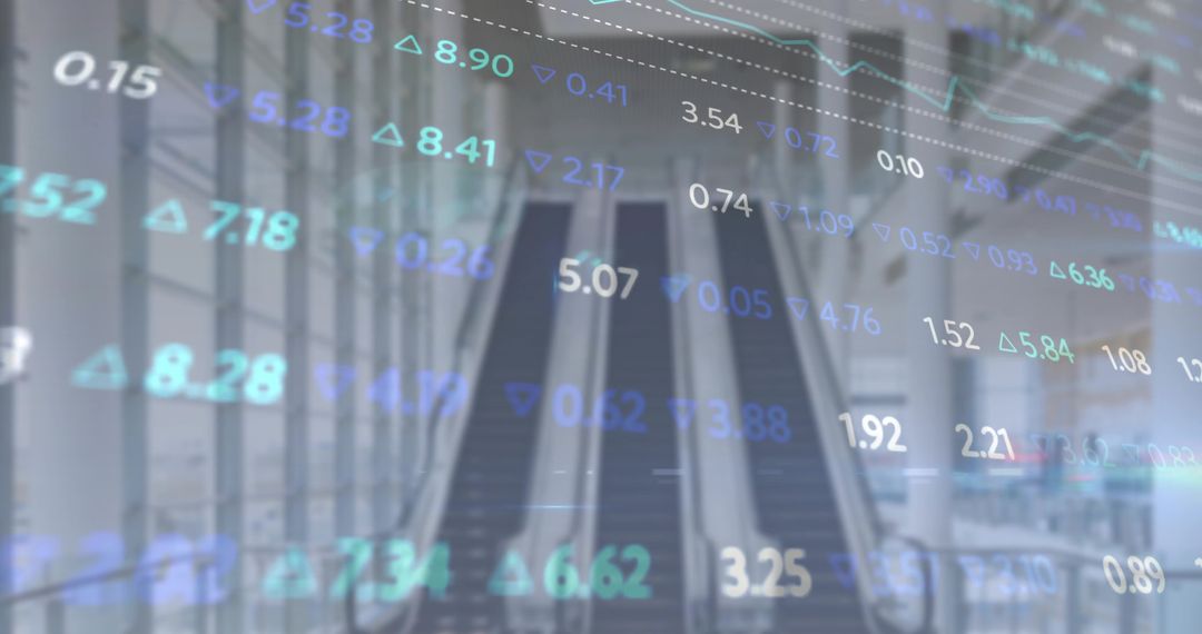 Escalators Rising in Modern Airport Atrium Displaying Financial Data Overlay