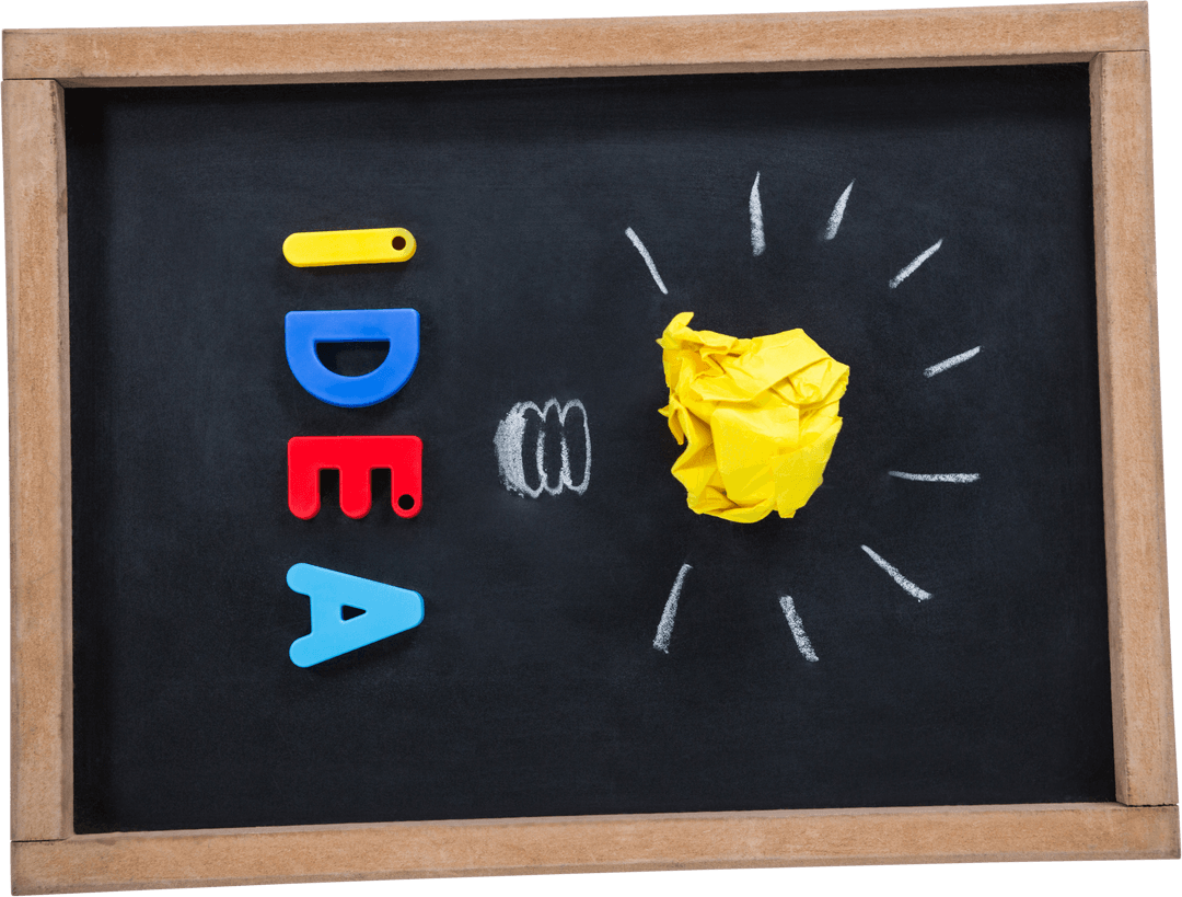 Colorful IDEA Text and Crumpled Paper Lightbulb on Transparent Chalkboard