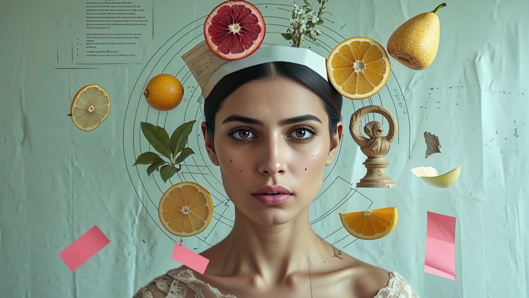 Surreal Woman with Floating Fruit and Abstract Elements